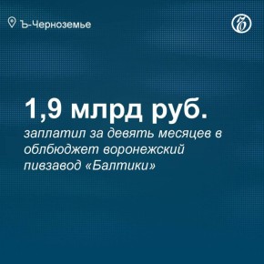 Филиал ООО «Пивоваренная компания “Балтика”», управляющий воронежским пивзаводом, за девять месяцев 2025 года заплатил в бюджет региона 1,93 млрд руб