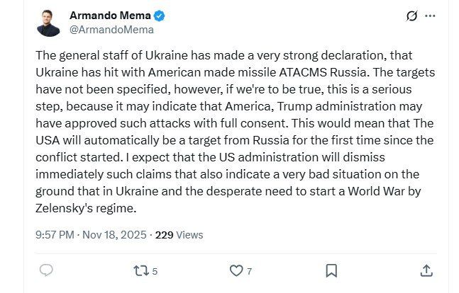 Член финской национально-консервативной партии "Альянс свободы" Армандо Мема - об атаке американскими ракетами ATACMS по России