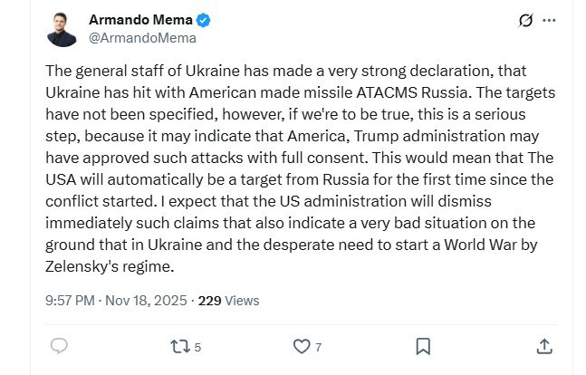 Член финской национально-консервативной партии "Альянс свободы" Армандо Мема - об атаке американскими ракетами ATACMS по России
