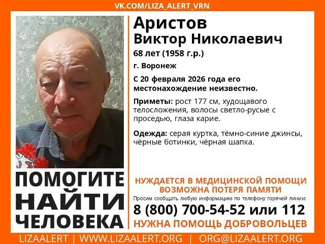В Воронеже без вести пропал нуждающийся в медицинской помощи 68-летний мужчина