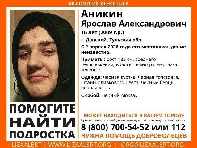 Волонтеры просят воронежцев помочь в поисках 16-летнего Ярослава Аникина, пропавшего четыре дня назад в Тульской области