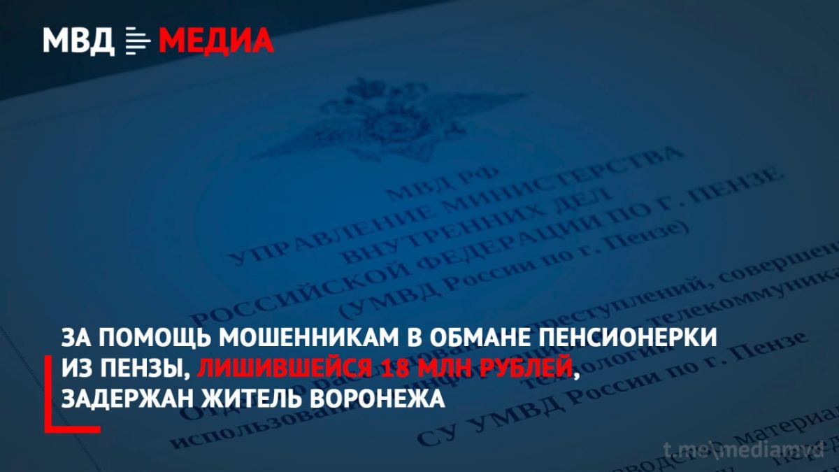 За помощь мошенникам в обмане пенсионерки из Пензы, лишившейся 18 млн рублей, задержан житель Воронежа