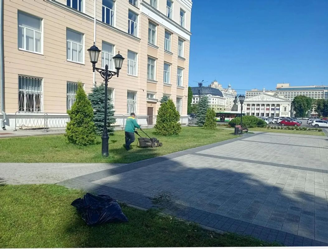 Сотрудники зеленого хозяйства продолжают ухаживать за растениями Сотрудники зеленого хозяйства продолжают ухаживать за растениями