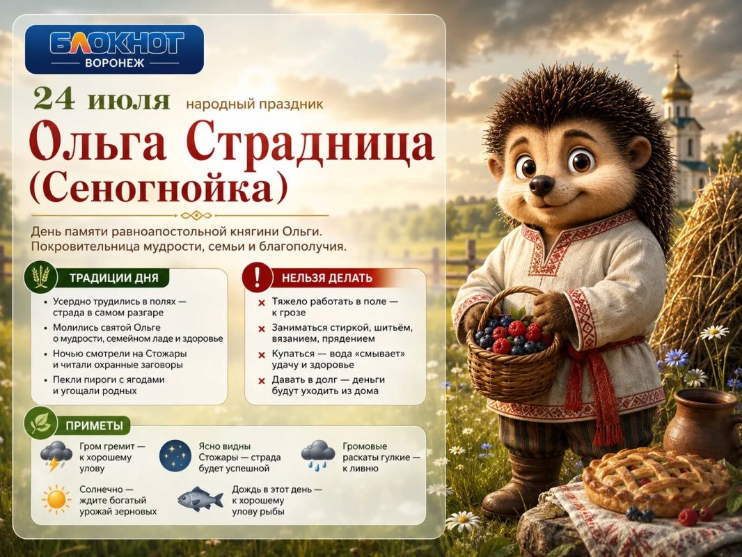 24 июля - в народном календаре этот день известен как Ольга Страдница или Ольга Сеногнойка