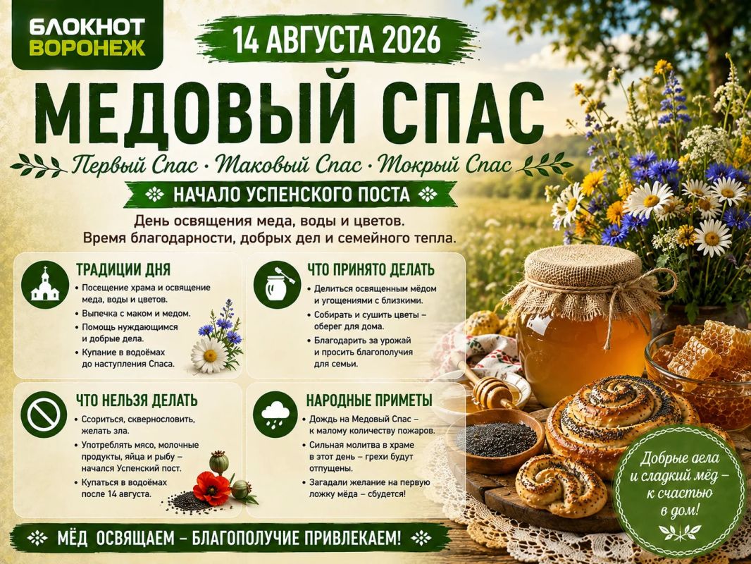 Сегодня, 14 августа 2026 года, православные воронежцы и жители всей России встретят один из самых сладких и почитаемых летних праздников - Медовый Спас