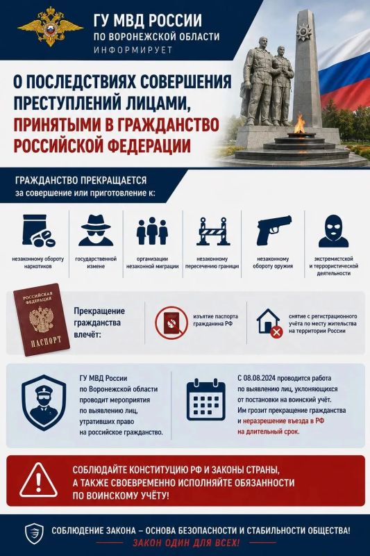 ГУ МВД России по Воронежской области информирует о последствиях совершения преступлений лицами, принятыми в гражданство Российской Федерации