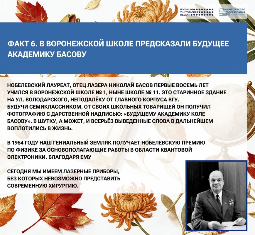 А вы знали, что Воронеж стал вторым городом в России, где появилась школа, а нобелевскую премию академику Басову предсказали еще в раннем возрасте? А вы знали, что Воронеж стал вторым городом в России, где появилась школа, а нобелевскую премию академику Басову предсказали еще в раннем возрасте?