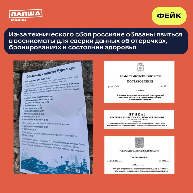 Из-за сбоев россиян якобы обязали явиться на сверку данных воинского учета и уточнить информацию об отсрочках, бронировании и состоянии здоровья
